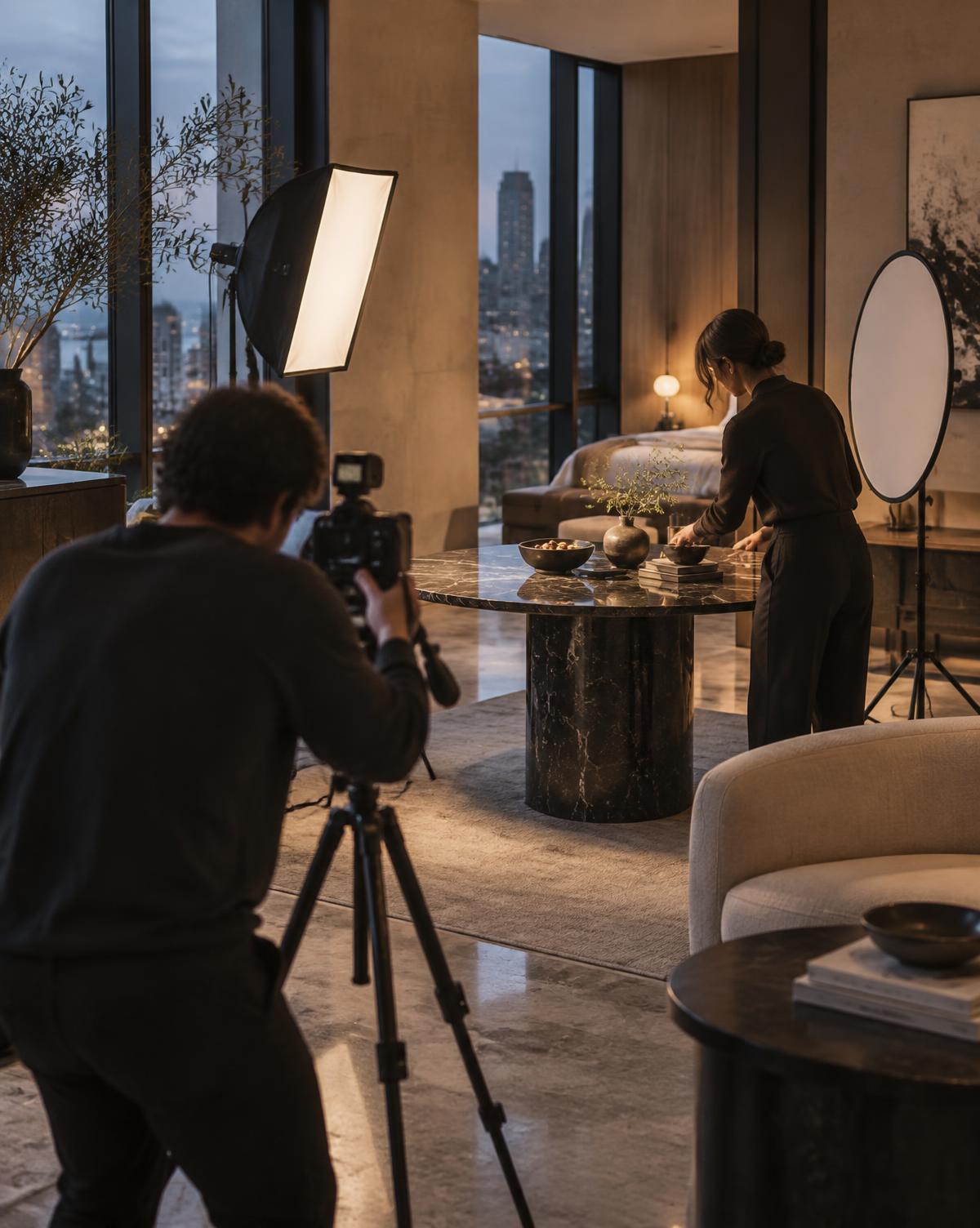 A creative team producing an editorial shoot inside an urban boutique hotel