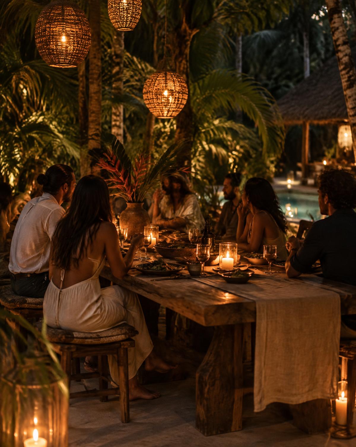 Friends sharing a candlelit communal dinner beneath woven lanterns in a tropical garden