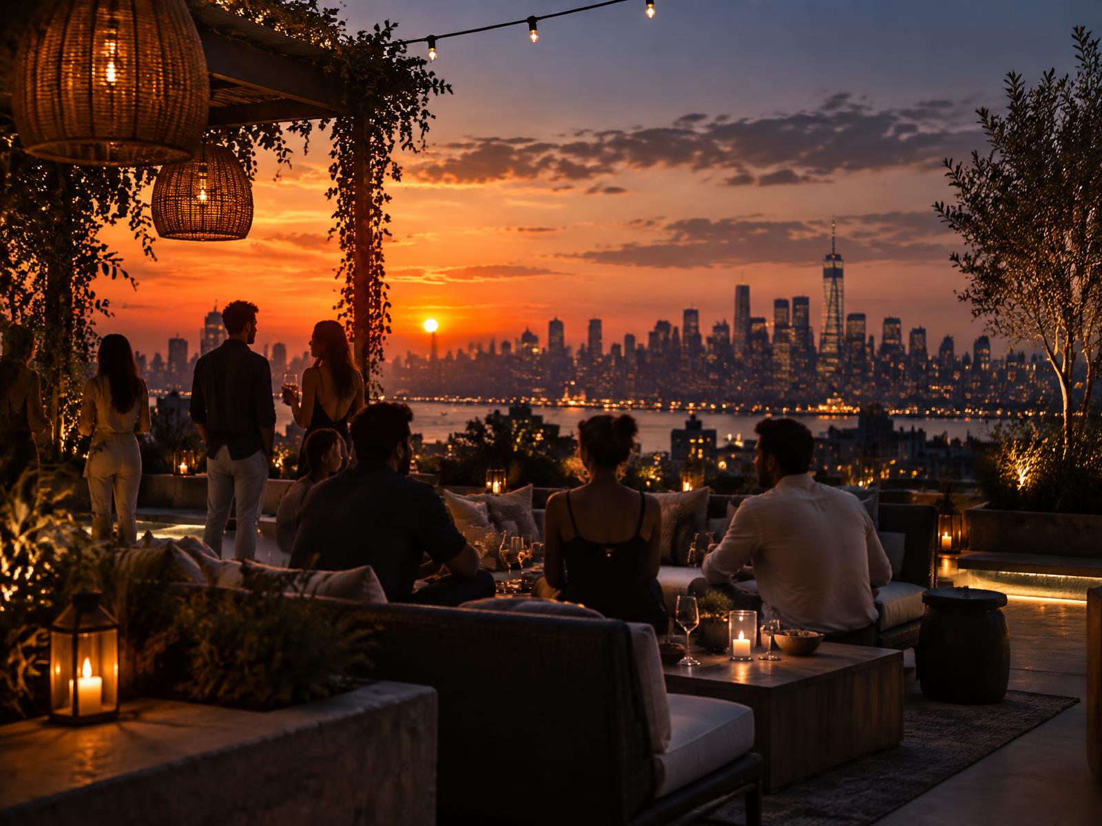Friends gathering on a rooftop terrace overlooking the city at golden hour