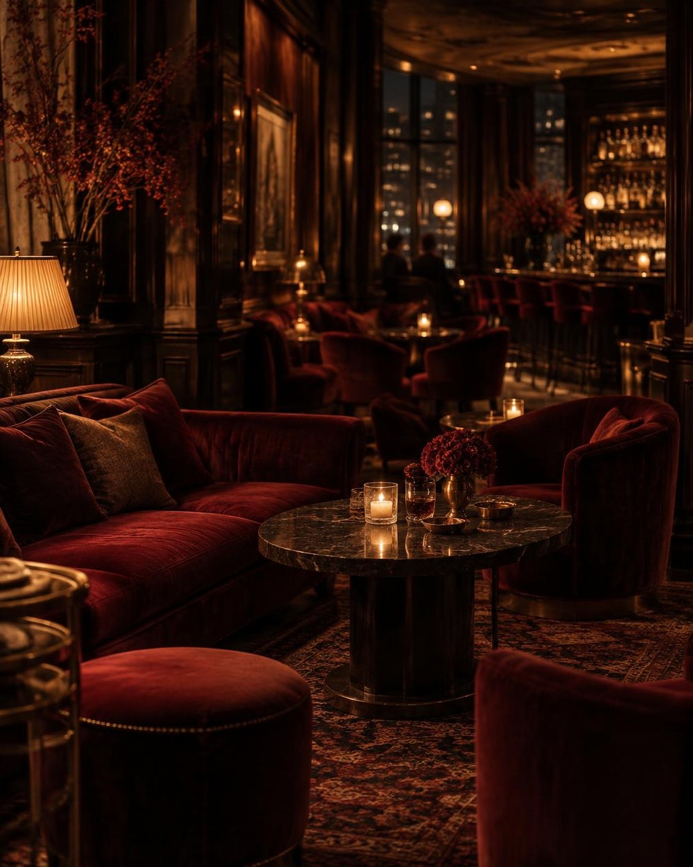 An intimate boutique hotel lounge with oxblood velvet seating and warm lamplight at night