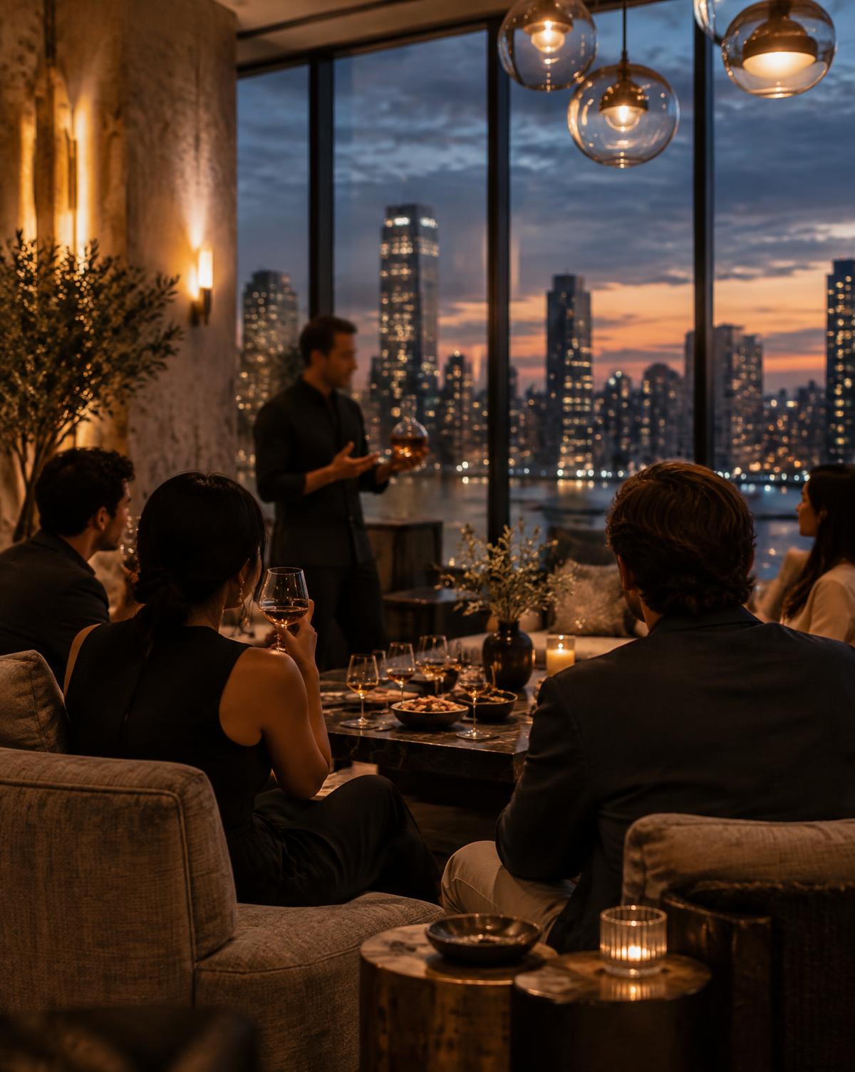 Guests engaged in an intimate tasting event overlooking the city at dusk