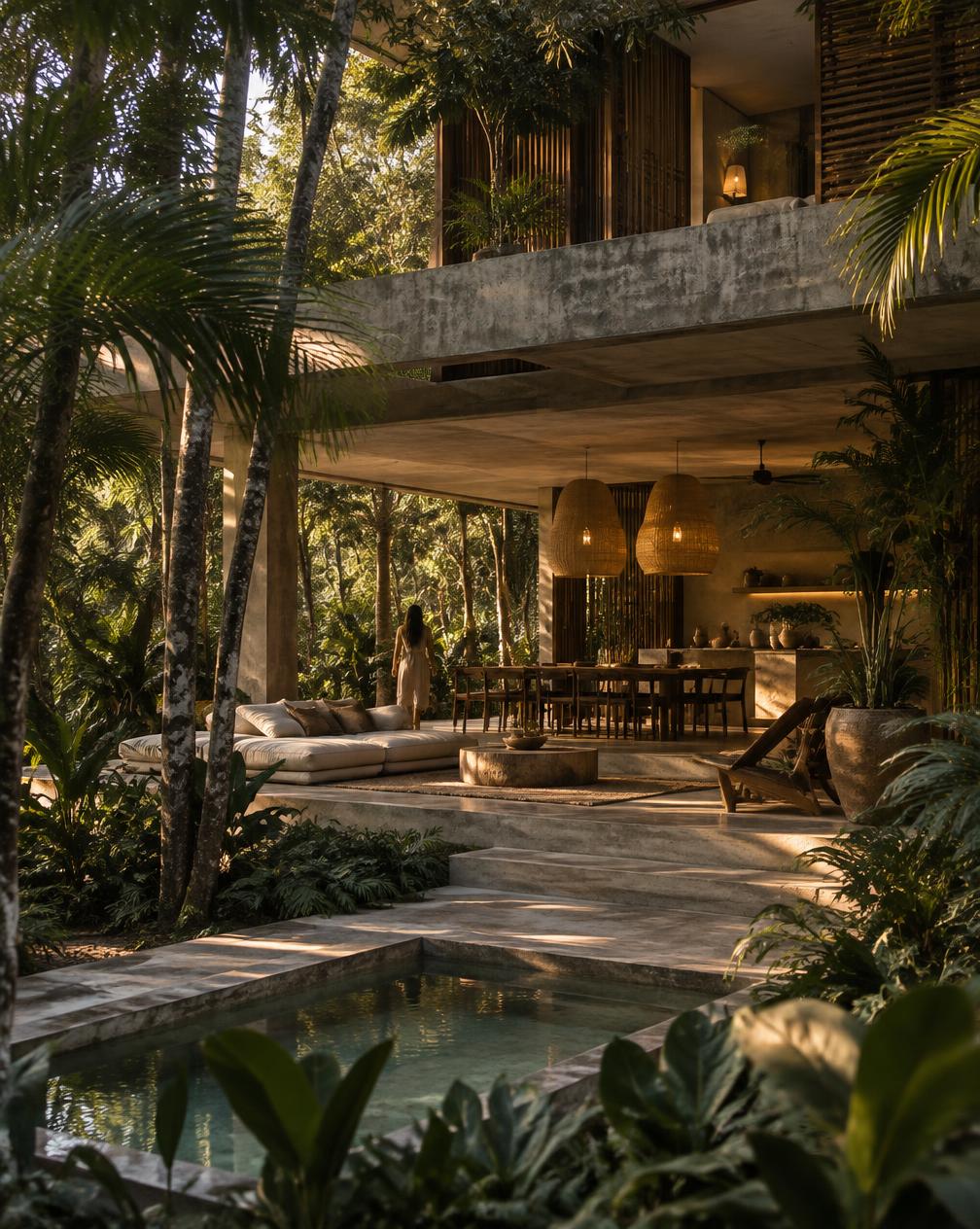 An open concrete and timber residence integrated into dense Riviera Maya jungle