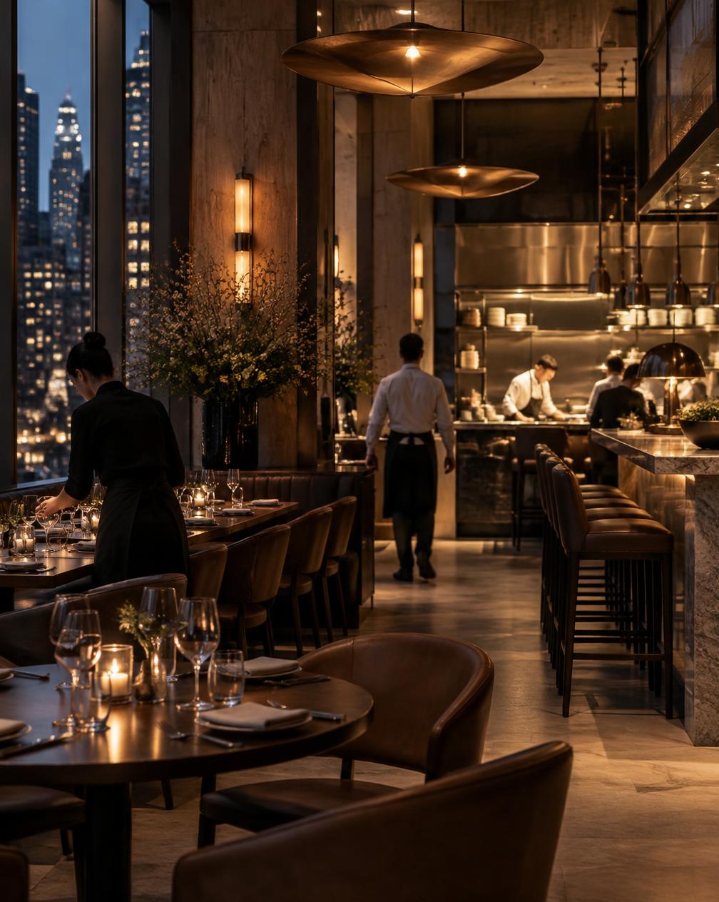 A chic city restaurant with an open kitchen prepared for evening service